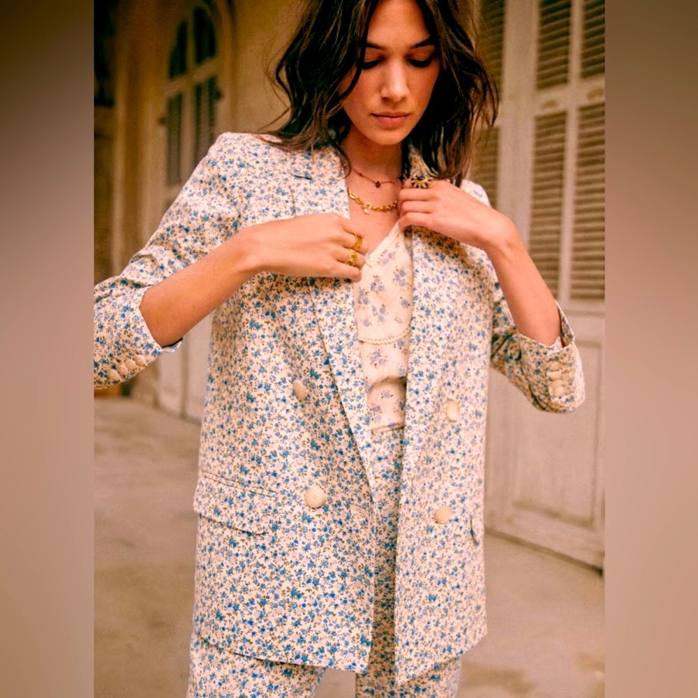 NWT Sezane Christie linen blend jacket blue flowers FR 32 / US 0